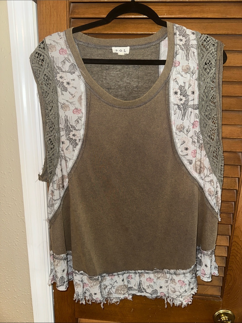 POL Olive oversized Tank Top with Floral Panels